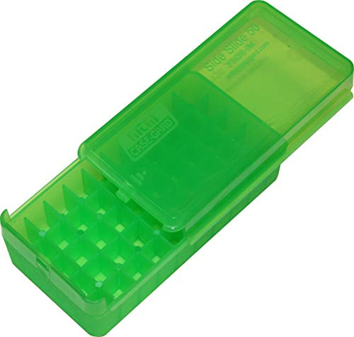 MTM Case-Gard P50SS-9M-16 Side Slide Ammo Box, 50 Round 9mm Luger 380 ACP 30 Luger 30 S Carry 32 S&W 9mm Makarov, USA Made, Clear Green