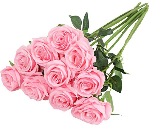 Nubry künstliche Seidenrose Blume einzigen Stiel lebensechte gefälschte Rose für Hochzeit Blumenstrauß Blumenarrangements Home Party Centerpiece Dekoration, 10pcs (Pink)