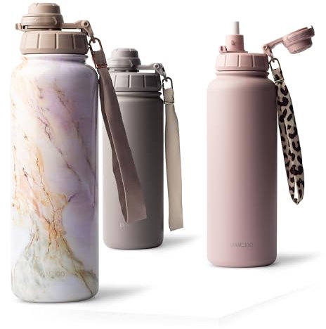 MAMEIDO Botella Termica con Pajita 700 ml, Botella Agua Acero Inoxidable, Botella Agua Gimnasio sin BPA, Cantimplora estanca, Termo con Correa de Transporte, Water Bottle (Pearl Marble)
