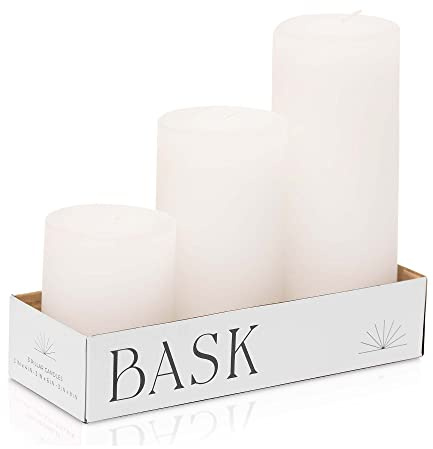BASK Mottled Pillar Candles - Unscented White Pillar Candles Set of 3 - Dripless, Smokeless for All Occasions