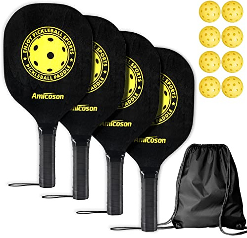 Amicoson Pickleball Paddles Set of 4 Paddle, Outdoor Paddle Racket Wood Ergonomic Cushion Grip, 8 Pickleball Balls & 1 Carry Bag