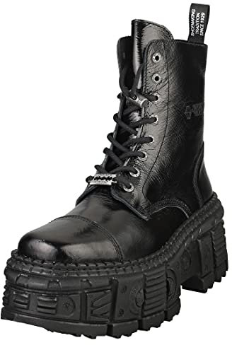 New Rock Damenstiefel mit TANK-Sohle, Lackleder, Schwarz, M.WALL126-S2 (Numeric_40), Schwarz , 40 EU