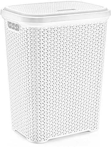 Rattan Design Plastic Laundry Hamper Storage Basket 55L With Lid (White)