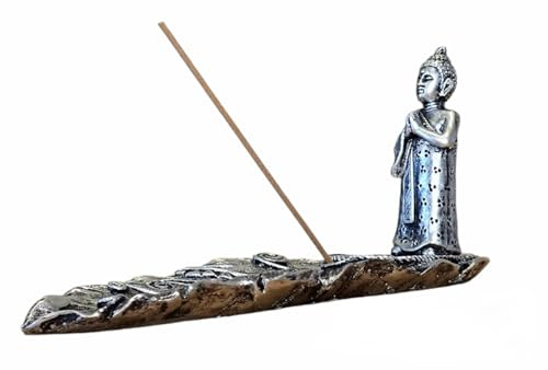 MFUNKE Räucherstäbchenhalter mit Buddhafigur und 30 Räucherstäbchen Sandelholz für Aromatherapie Meditation Yoga Raumdüfte silberfarbiges Kunstharz