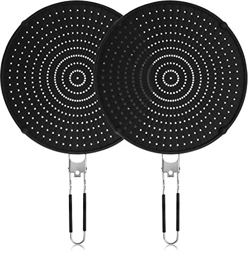 Frcctre 2 Pack Silicone Splatter Screen Guard for Frying Pan, 13/33cm Versatile Grease Splatter with Foldable Handle, Food Grade Heat Resistant Oil Splash Guard, Cooling Mat, Drain Board for Cooking
