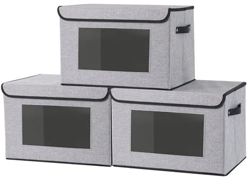 YheenLf Aufbewahrungsbox mit Deckel, Kleiderschrank Organizer, Stoff Grau Aufbewahrungsboxn mit Fenster, Faltbox mit Griff, 3 Stück, 33x23x20cm