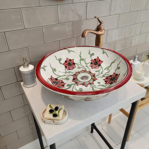Bathroom Countertop Sink, Porcelain Washbasin, Ceramic Sink, Floral Round Wash Bowl Sink, Bohem Bath Rebuild, Small Vessel Basin, Cloakroom