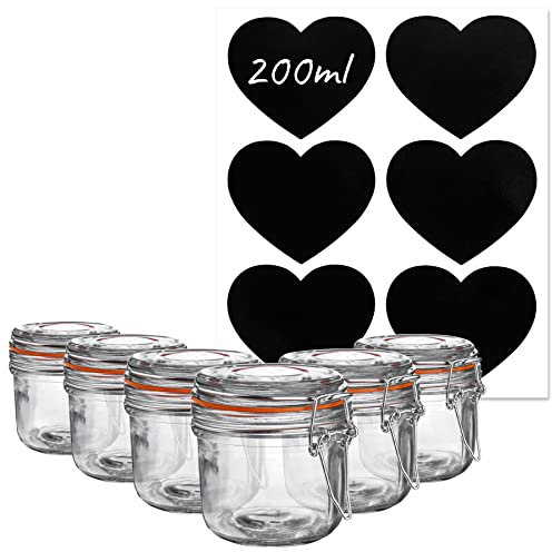 Argon Tableware Glass Storage Jars with Labels - Vintage Food Preserving Container - Clip Lid - 200ml - Orange, White, Clear & Black Seals - Pack of 6