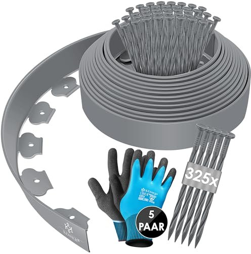 KESSER® Bordo flessibile per prato in plastica, lunghezza 50m, altezza, 5cm, 250 ancoraggi, 5 paia di guanti, bordatura per aiuole, bordo per aiuole, bordo per falciatura