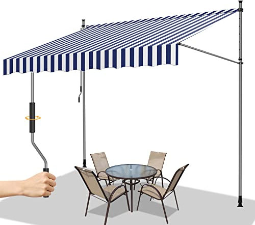 Gimisgu Klemmmarkise mit Handkurbel Balkon, 400x120cm Balkonmarkise ohne Bohren, Höhenverstellbar Markise Einziehbar für Balkon Garten, UV-beständig Sonnenschutz Wasserdicht, Blau Weiß