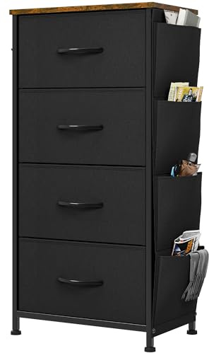 YITAHOME Kommode, 4 Stoffschubladen mit Griffen, Aufbewahrungsschrank mit Haken, Schubladenschrank mit Seitentaschen, Schrank,Metallgestell,stoffkommode für Schlafzimmer,Wohnzimmer,Flur,Büro,schwarz
