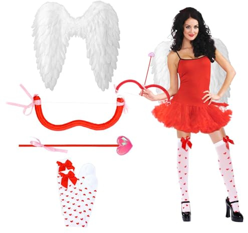 Amor Kostüm Valentinstag ,Cupid Kostüm Damen mit Federflügel Engel,Cupid Costume,Amor Pfeil und Bogen Set,Amor Kostüm,Kniestrümpfe mit Herzen Schleife,Frauen Karneval Valentinstag Party Cosplay