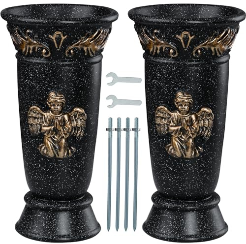 AOFOX Jarrón de resina, 2 jarrones de ángel negro con pinchos, agujero de drenaje, para tumba, flores de lápida, decoraciones de tumbas conmemorativas