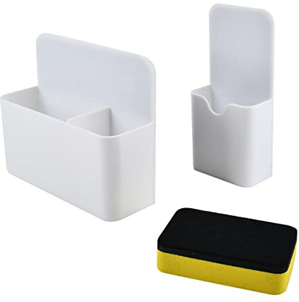 OTYMIOW Porte-Stylo Magnétique 2PCS avec Gomme Porte-Marqueur Magnétique Blanc Porte-Crayon Magnétique pour Accessoire Tableau Blanc pour École, Bureau, Armoire, Réfrigérateur, avec Éponge