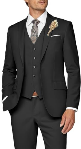 Wangyue Traje de 3 Piezas Ajustado para Hombre, Traje Formal de Negocios, Boda, Novio, graduación, Esmoquin, Cena, Fiesta, Negro -, Small