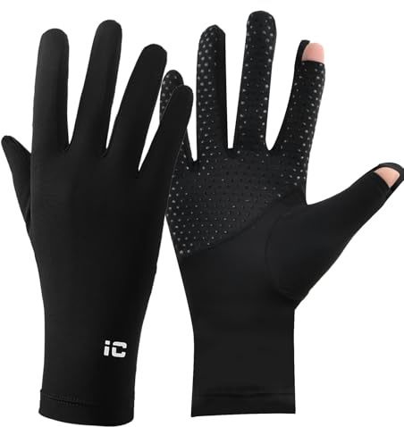 Shengxi Guanti di Protezione Solare UV da Donna, Traspirante Guanti ultra sottili di seta di ghiaccio, Antiscivolo Guanti dita intere in seta per escursionismo ciclismo golf guida e pesca, Nero