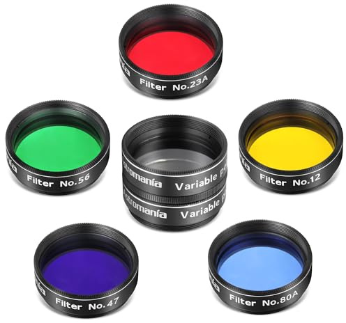 Astromania 1.25-Inch Telescope Eyepiece Filter Set(6 Pieces), Variable Grey Polarizing Filter, 5 Planetary Color Filters - Enhance Lunar Planetary Observation - Reduce Light Pollution