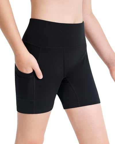 Stelle Girls 4 Bike Volleyball Shorts with Pockets Youth Athletic Yoga Dance Gymnastics Compression (Black,L)