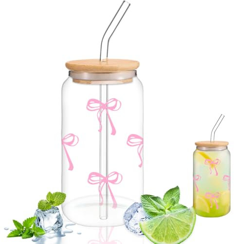 Tumbler en verre de 16 oz avec couvercle et paille - Verres élégants pour meilleure amie avec design nœud - Pour cocktails, tasses à café glacé, smoothies, jus, cadeaux pour femmes et hommes - 500 ml