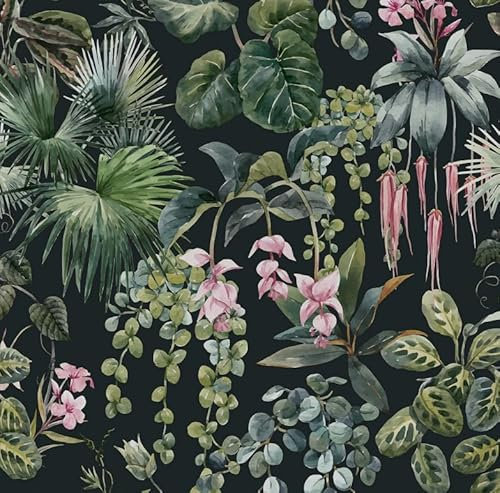 Timeet Selbstklebende Tapete 41CM*3M Schwarz Möbelfolie Grüne Blätter Botanische Tapete Selbstklebend Klebefolie Vinyl Klebetapete für Wohnzimmer Schlafzimmer Küche Wand Möbel