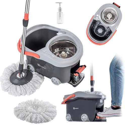 KADAX Set completo di lavapavimenti con manico telescopico e secchio con funzione strizzante e rotelle, mocio con secchiello, tergicristallo per la pulizia dei pavimenti