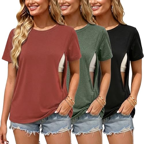 Love2Mi 3/4 Set Nursing Shirt with Hidden Zipper Nursing Opening Short Maternity Top Nursing T-Shirt for Pregnant Women, M