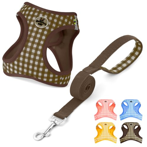 OFFCUP Arnés para Perro y Conjunto de Correa, Arnés Antitirones Reflectante Ajustable, Transpirable Malla Suave Arneses Chaleco para Perro Pequeños Gatos y Cachorros (Marrón, S)