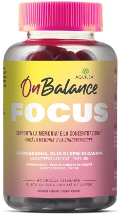 Aquilea | On Balance Focus | 60 Caramelle gommose (Ciliegia) | Ashwagandha, Eleuterococco e Vitamina B5 | Conzentrazione e Memoria | Integratori | Ashwagandha
