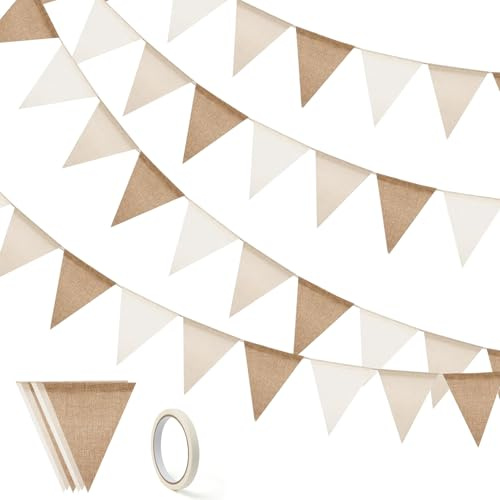 Guirnalda de 3 banderines para exteriores, color beige, 4 m de lino, con cinta adhesiva