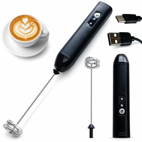 Espumador de leche, USB Recargable batidor de leche electrico, Tres velocidades, Mini Espumador de Mano con Doble Resorte, Batidor de Leche Potente para Cappuccino, Latte, Huevos y Crema
