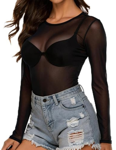 Xiansini Women's Mesh Top, Long Sleeve Sheer Tops Transparent, Mesh Tops for Women, Sexy Tops for Women, Stretchy Sheer T-Shirts, Anti-Pilling, No Snagging, Black See Through Blouse for Party