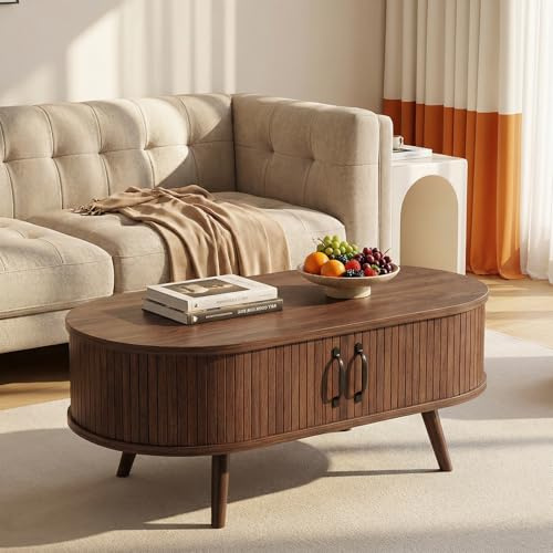 SJPVPYB Coffee Table with Storage, Modern Oval Tea Table for Living Room End Sofa Tables with Sliding Doors, Brown (Oval Walnut)