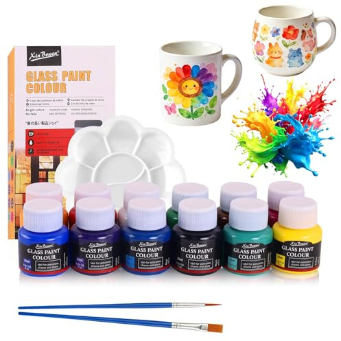 Trukafie Keramik Bemalen Set, 12 x 25ml porzellanfarben spülmaschinenfest, inklusive Malpalette und 2 feinen Pinseln – ideal zum Bemalen von Glas, Tassen, Ton und Steinen