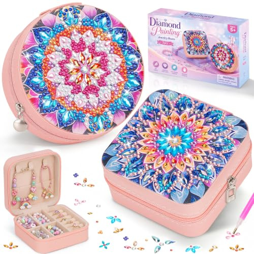 Diamond Painting Coffret à Bijoux pour Filles Bricolage Cadeau 8-12 Ans | Kit de Bricolage Cadeau pour 6-7-8-9-10 Ans Filles Diamond Painting Voyage Rangement de Bijoux Mandala Jouet dès 5-11 Ans