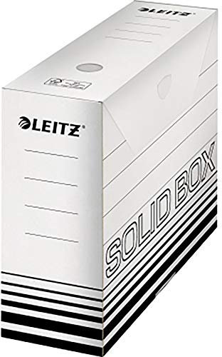 Leitz Solid Box Archiv-Schachtel, 100 mm Rückenbreite, A4 Faltkarton mit Lasche, Aufbewahrungsbox für bis zu 900 Blatt, Lagerbox aus 100 % geriffelten Recyclingkarton, 10 Stück, Weiß/Schwarz, 61280001