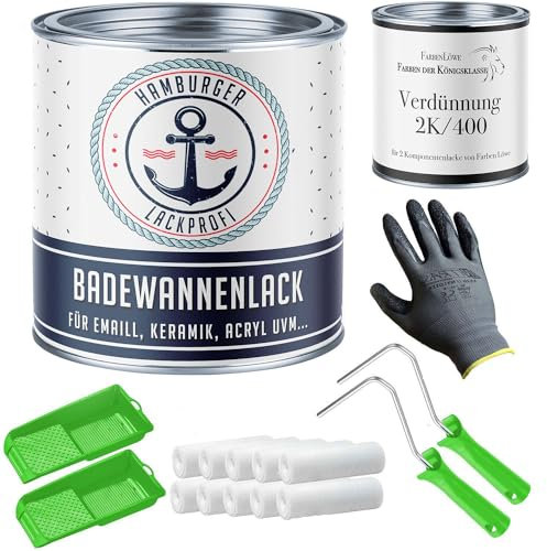 Hamburger Lack-Profi Juego de pintura para bañera brillante blanco RAL 9010, recubrimiento para bañera, color esmalte, incluye rodillo de pintura, guantes y desengrasante (X300) (1 L)