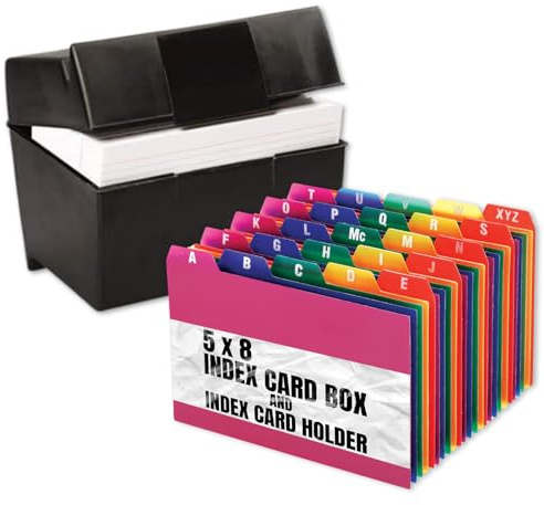 1InTheOffice Index Card Box & Holder 5x8, 400 Capacity & Guide Set A-Z, 1/5 Tab
