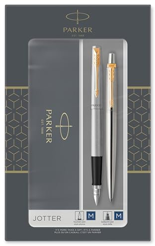 Parker Jotter Duo-Geschenkset mit Kugelschreiber und Füller | Edelstahl mit Goldzierteilen | Nachfüllmine und -patronen mit blauer Tinte | Geschenkbox