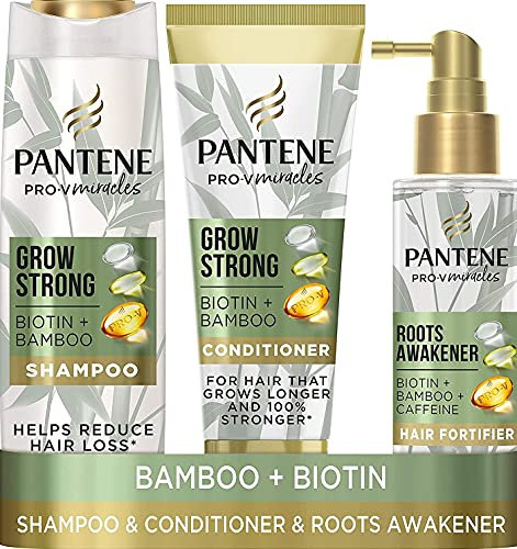 Pantene Grow Strong Shampoo And Conditioner Set + Leave-In Scalp Treatment With Caffeine Creates Optimal Environment For Hair Growth, With Bamboo & Biotin, Shampoo, Conditioner & Treatment