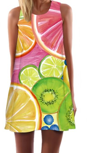 Ocean Plus Damer Casual Topp Fritid Flamingo Blad Sommar Ärmlös Klänningar Utan Arm Västklänning Festklänning Sommarklänning Miniklänning Strandklänning (S (EU 34-36), Frukt)