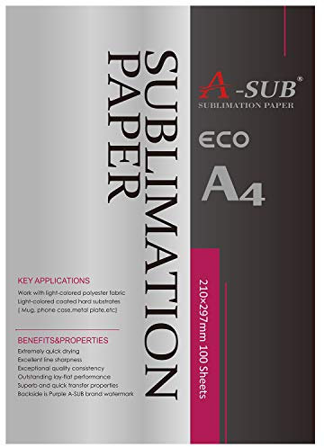 A-SUB Sublimationspapier A4, 210 x 297 mm, 100 Blatt, kompatibel mit EPSON, SAWGRASS, RICOH, Brother Sublimationsdruckern