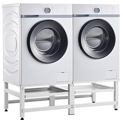 [en.casa] Waschmaschinen-Sockel 2-Fach Bothel mit Ausziehablagen Waschmaschinen-Unterschrank Doppeluntergestell je 150 kg Podest Erhöhung Stahl Weiß