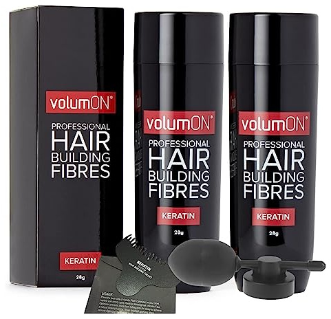 VOLUMON Fibre per la ricostruzione dei capelli alla cheratina, nasconde istantaneamente le aree diradate per capelli più folti e spessi, per uomini e donne, 28 g x 2 + ottimizzatore e applicatore