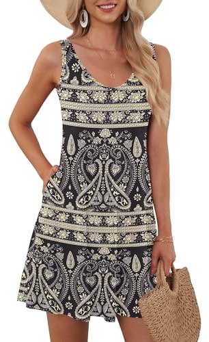 AUSELILY Vestito Donna Estivo Senza Maniche da Donna Abiti da Spiaggia Casual con Scollo a V e Tasche Boho Floral Nero L