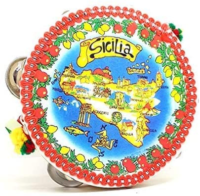plastica 2 Tamburelli Tamburi Siciliani, Grande e Piccolo, 18 e 14 cm. con Immagine della Sicilia e 5 Campanelli Laterali, per Bambini o Adulti