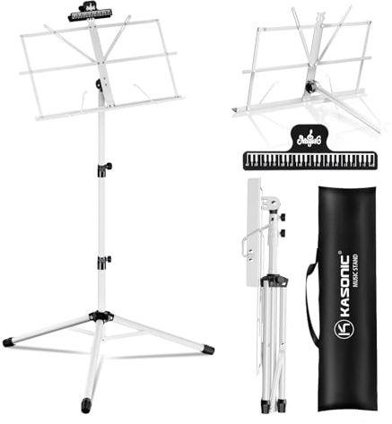 K KASONIC - Music Stand, 2 in 1 Dual-Use Folding Sheet Music & Desktop Book Stand, Portable, Lightweight with Music Sheet Clip Holder & Carrying Bag Suitable for Instrumental Performance, White
