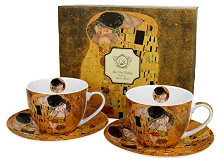 DUO ART GALLERY 2er-Set Tassen 280 ml THE KISS mit Untertassen, New Bone China Porzellan