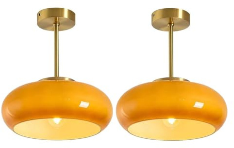 Lampes Suspendues Milieu Siècle Plafonniers Orange Plafonnier Semi-encastré En Verre Plafonnier En Métal Abat-jour En Verre Forme Dôme Luminaires Plafond Modernes Laiton Couloir Salle À Manger