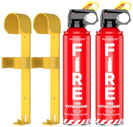 AmzBoom 2-Pack Fire Extinguisher Kit,Compact ABCK Spray for Home, Kitchen, Car, Grill | Eco-Friendly, Anti-Reignition | Mounting Bracket.