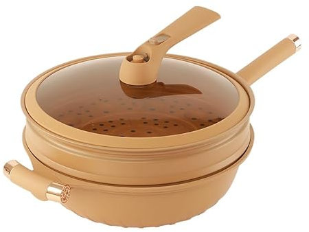 bibiwell Antihaft Bratpfanne mit Deckel, Antihaftbeschichteter Ton-Wok mit Dampfkorb, Mikrodruck und Induktionsboden, Antihaftbeschichtet, Leicht zu Reinigen(um14*14 * 5in)